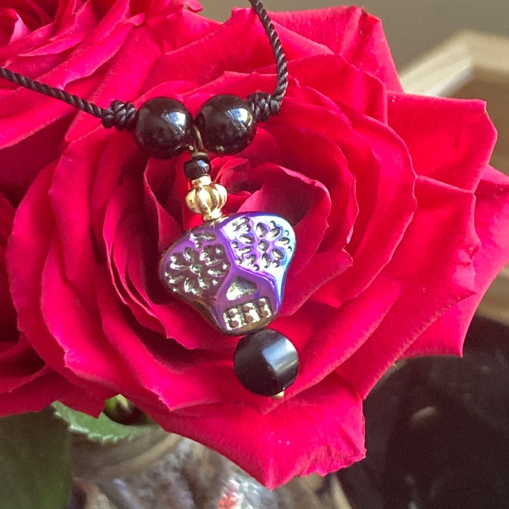 Catrina skull Obsidian black stone protection necklace